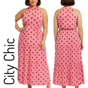 City Chic Plus Size Pink Polka Dot Maxi Dress w Belt Sz 20